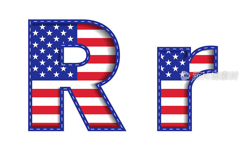 R字母大写小写字母美国独立纪念日美国字符字体蓝色海军红星条纹国旗白色背景3D纸剪纸矢量插图