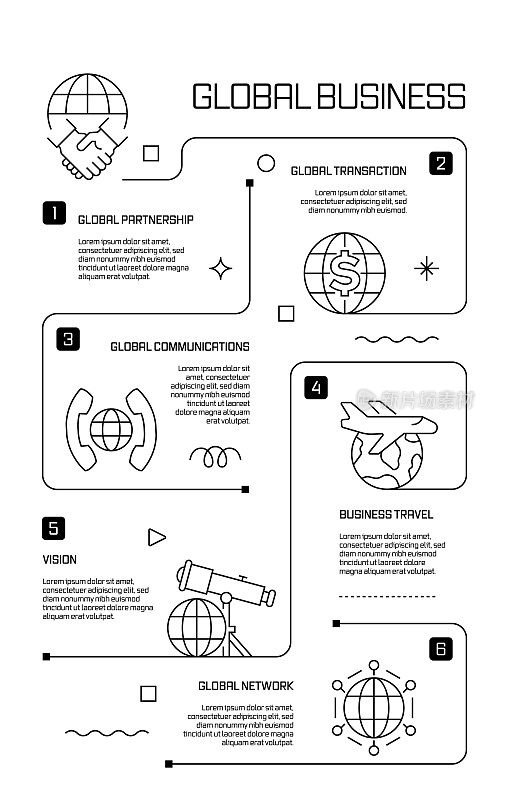 全球业务相关矢量横幅设计概念，现代线条风格与图标