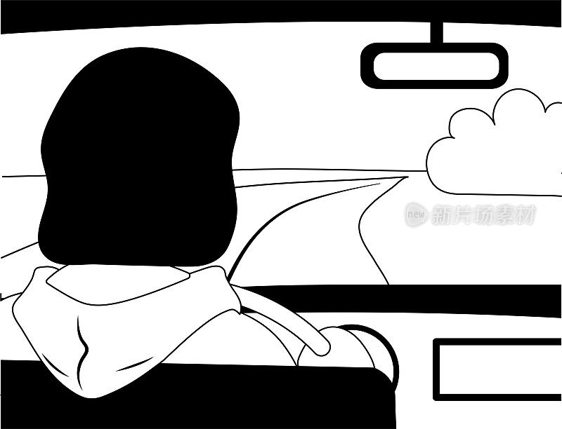 画着黑白线条，女孩在车里沿着田野的道路行驶。她看着后视镜。旅行者在旅行。