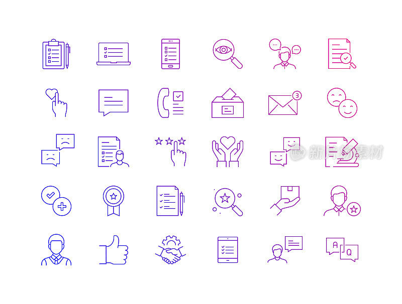 简单的调查和感光度相关的矢量细线图标。大纲符号集合。