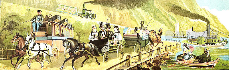 各种交通工具:火车、马车、划艇、帆船、轮船