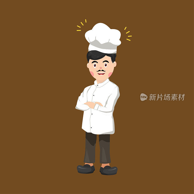 专业餐厅厨师、厨师及人物。微笑的男厨师，白色背景。食品工业厨师角色的矢量插图。
