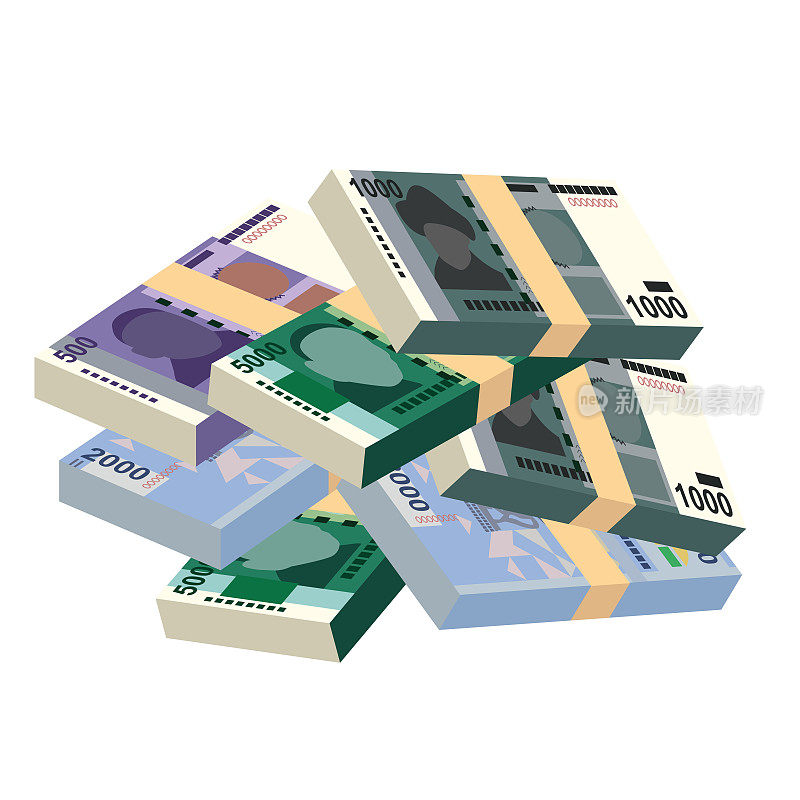吉尔吉斯som矢量插图。吉尔吉斯斯坦货币套装捆钞。纸币500、1000、2000、5000索姆。平的风格。孤立的白色背景。简约的设计。