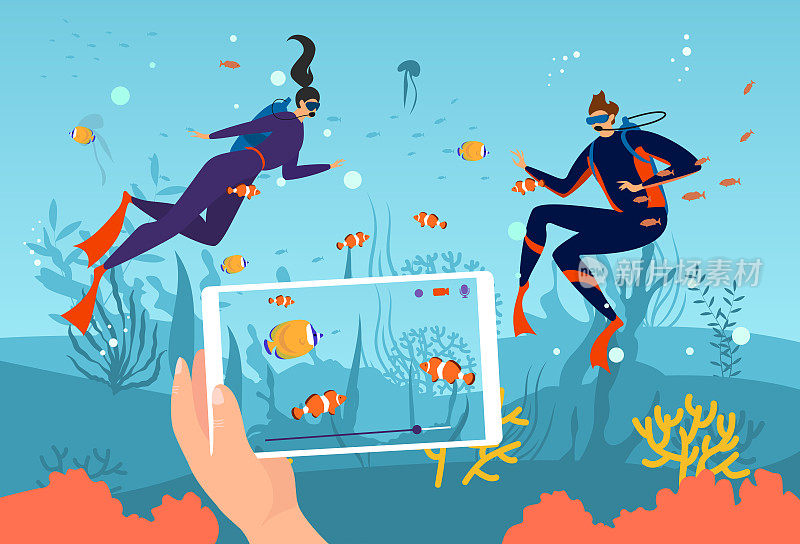 现代科技生活方式，水下探险直播，潜水博主视频直播平面矢量插画。