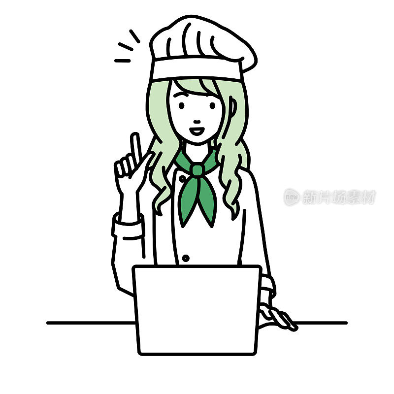一名女厨师用笔记本电脑在她的桌子上做手势来获得灵感