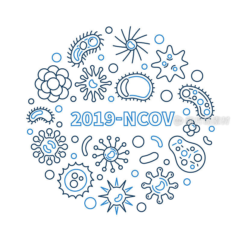 2019-NCOV矢量概念蓝色圆形插图，细线风格