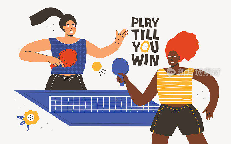 两个不同肤色的女运动员在打乒乓球。乒乓球比赛。活跃的年轻女子在体育比赛中竞争。玩到赢手画矢量字母。海报设计理念