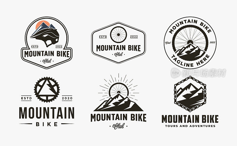 一套老式徽章徽章自行车，自行车，自行车店，山地车俱乐部图标图标矢量插图在白色背景