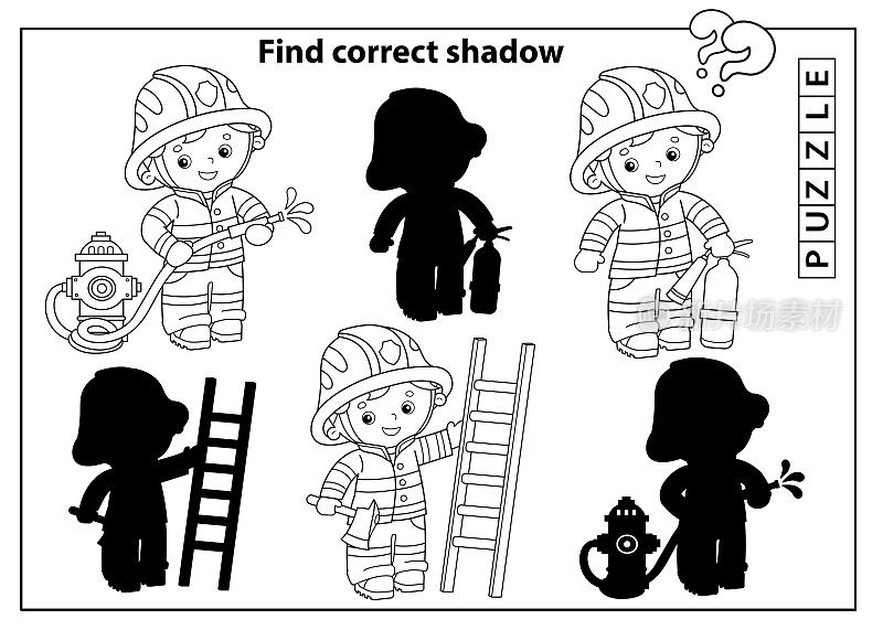 儿童益智游戏。找到正确的影子。卡通消防员或消防员的轮廓。灭火工具。儿童涂色书。