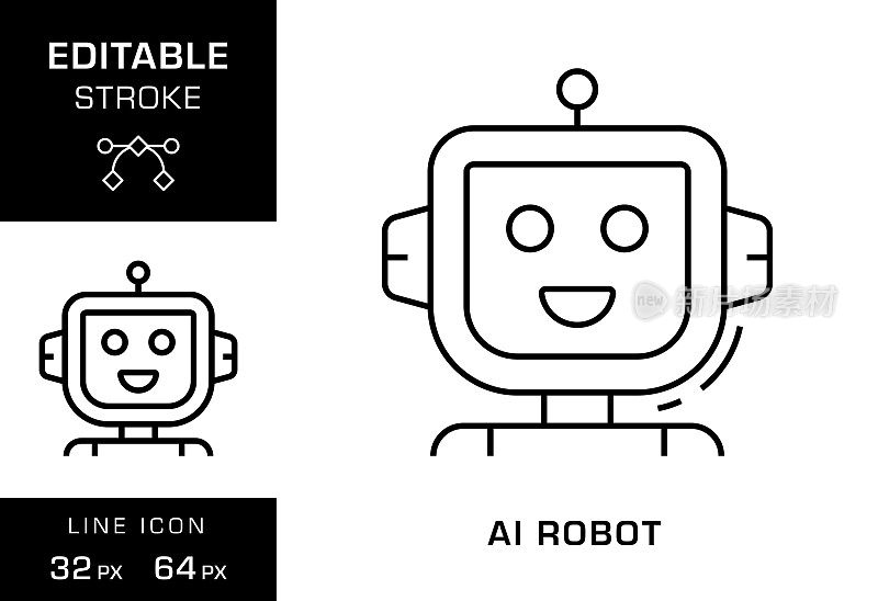 AI机器人可编辑笔画线图标设计