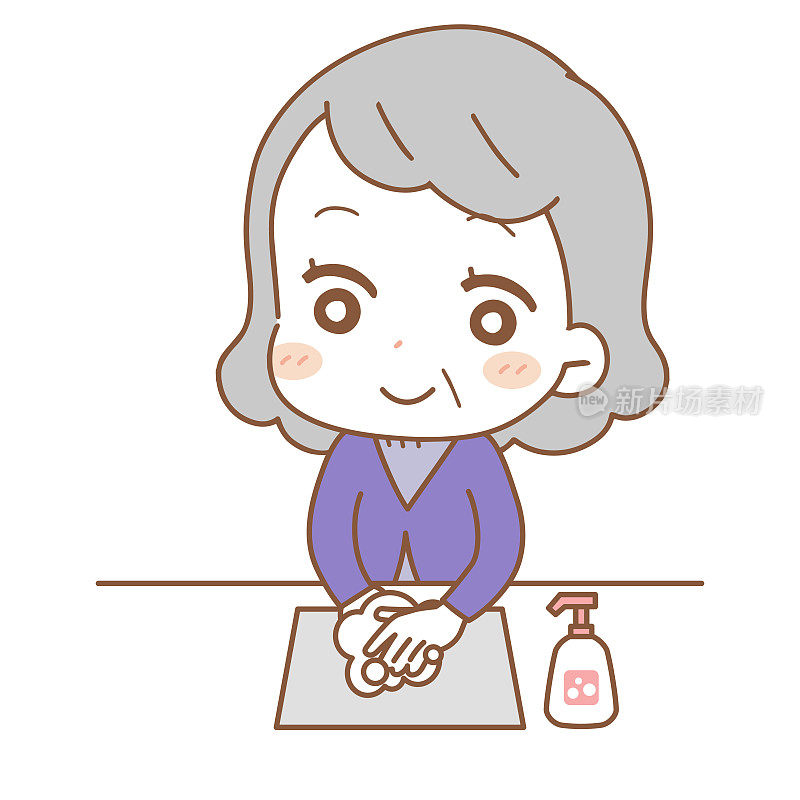一位老年妇女洗手的插图。