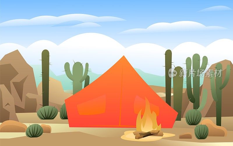 橙旅游帐篷。沙漠在石头和沙子中。大的仙人掌。美丽的篝火。破碎的营地。野外娱乐。卡通有趣的风格。平面设计。向量