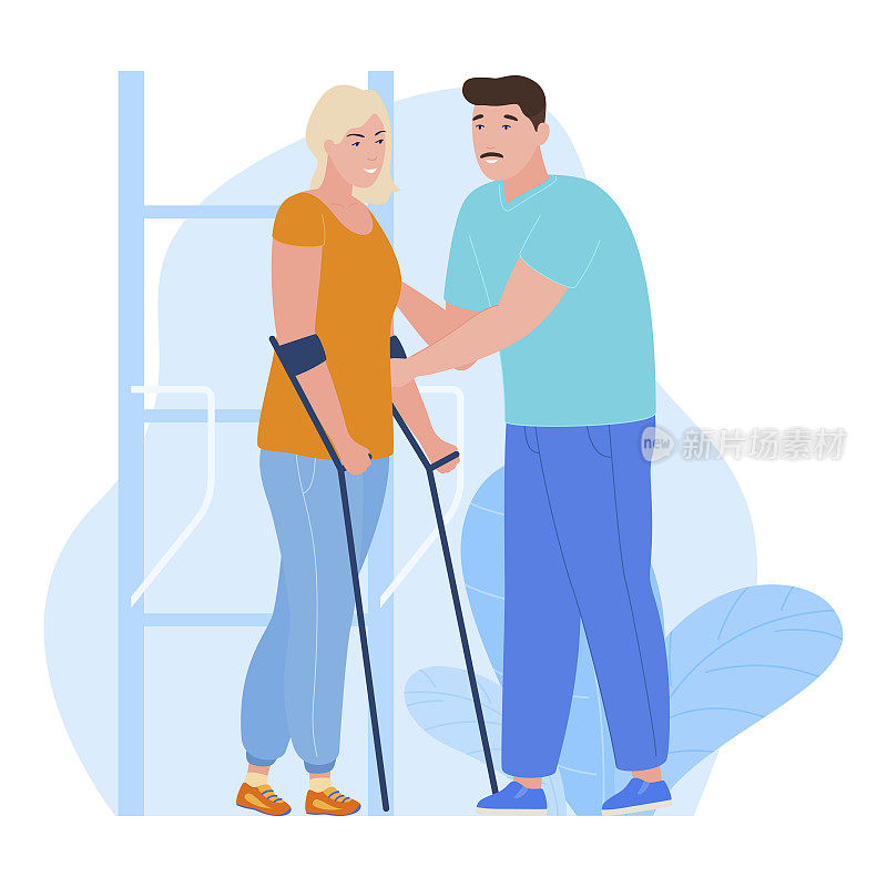 康复程序女病人拐杖锻炼男医生矢量平面插图