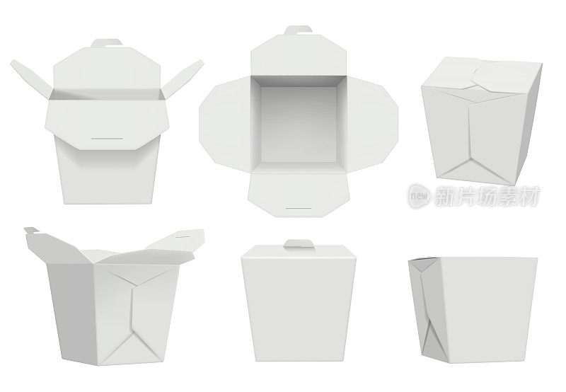 锅的盒子。精心制作的纸板容器交付亚洲食物体面的矢量现实的模板