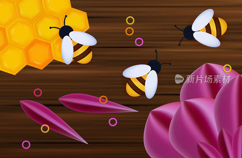 蜜蜂，鲜花和木板。矢量插图3d，彩色剪贴画，横幅。蜂房里蜂拥而至。采集蜂蜜的过程黄色，粘稠的蜂蜜，蜜蜂农场。
