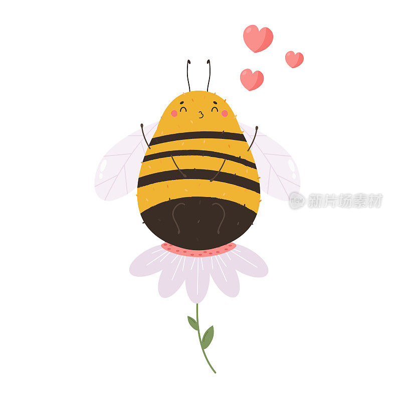 一只可爱的蜜蜂坐在一朵花上的矢量插图。