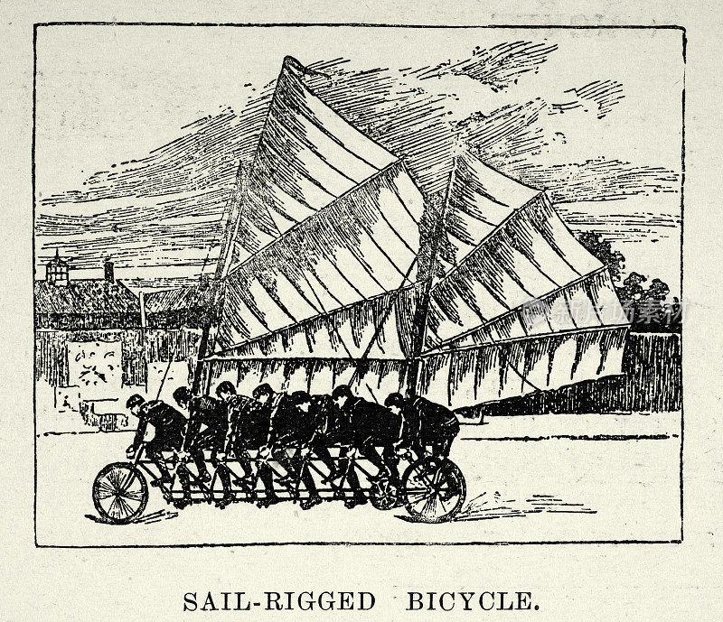奇怪的新奇自行车,6人帆操纵自行车,自行车是由纽约锡拉丘兹的弗兰克・J・马丁发明的,19世纪90年代