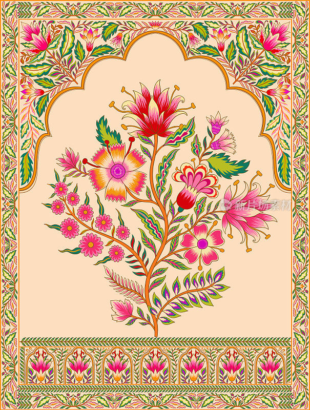 莫卧儿传统花卉装饰与拱门和主题边界。回收的印第安人微型模型。
