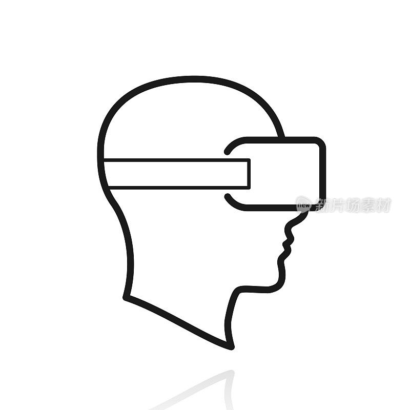 头戴VR虚拟现实头盔。白色背景上反射的图标