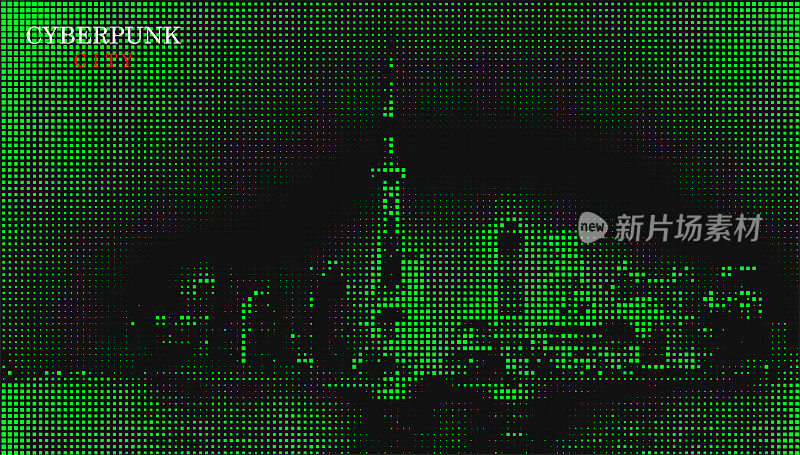 矢量绿色半色调格子风格赛博朋克上海城市外滩场景背景