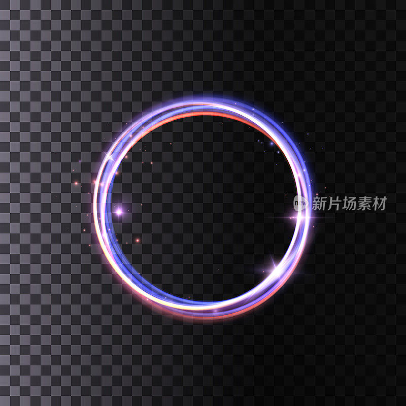 抽象的霓虹蓝紫环。以快速的螺旋运动旋转的明亮的光柱。淡金色的漩涡。曲线金线光效果。向量