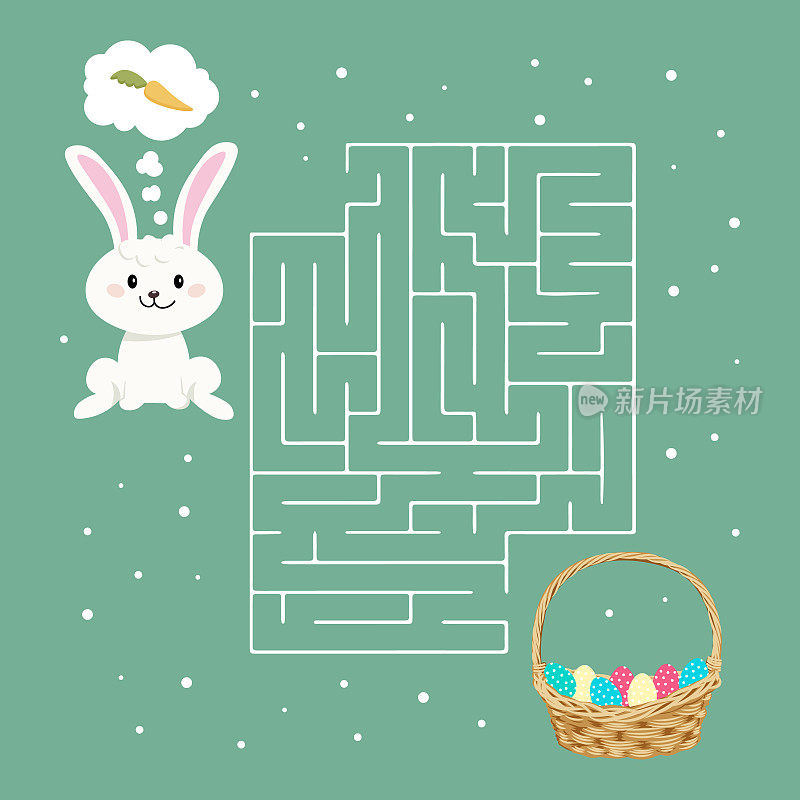 迷宫游戏，兔子拿着胡萝卜和一篮子复活节彩蛋。儿童益智游戏。