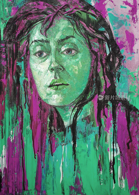 插图油画肖像的年轻女子飞的头发在紫色的绿色调