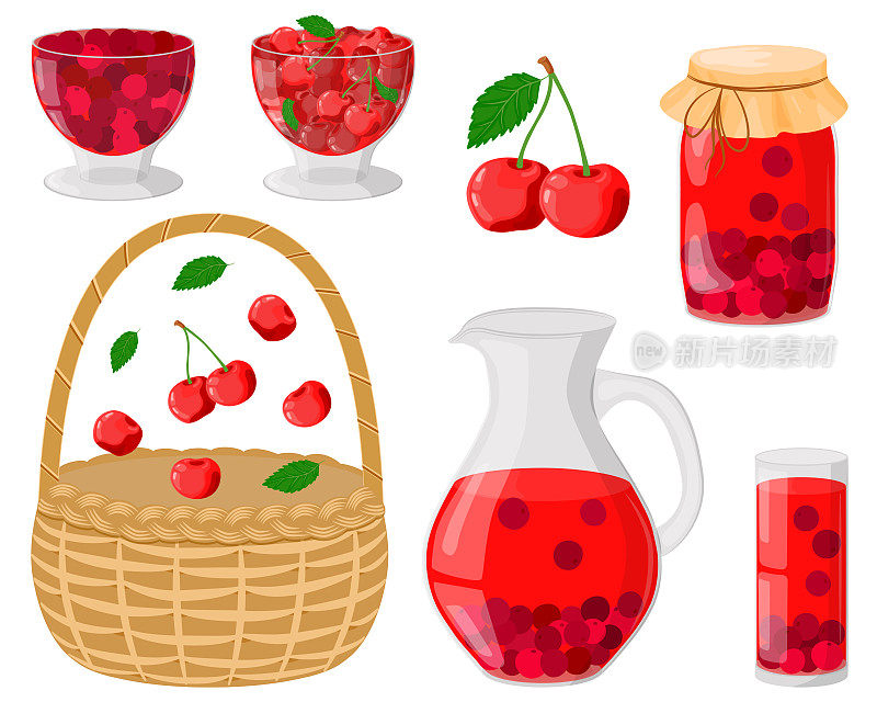 一套樱桃。夏季果酒，在醒酒器，玻璃，罐子。饮用自制水果制成的果酱。浆果是一种健康饮料。健康饮食的概念。柳条篮子里。矢量插图。