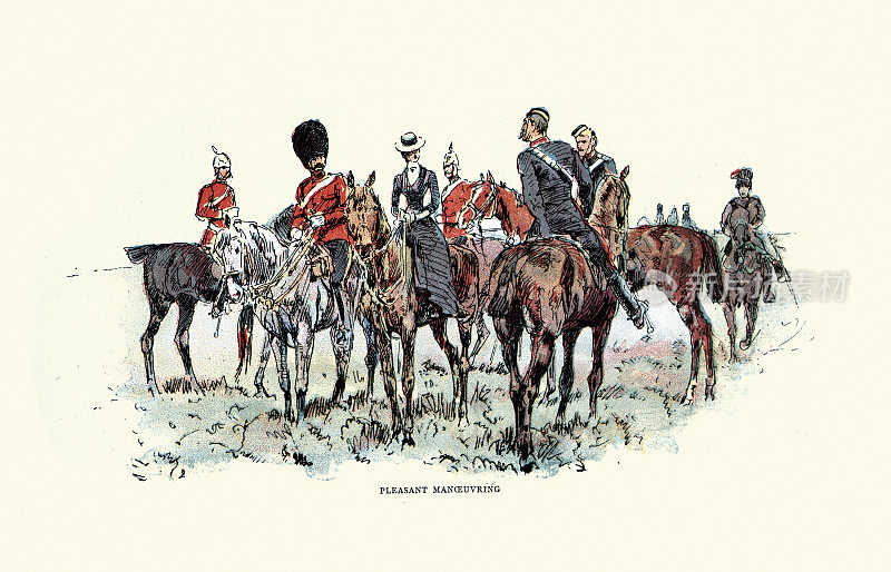 英国军队进行军事演习，骑兵士兵与美女调情，19世纪90年代维多利亚时代