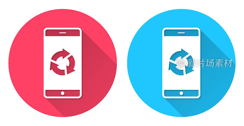 刷新或重新加载智能手机。圆形图标与长阴影在红色或蓝色的背景