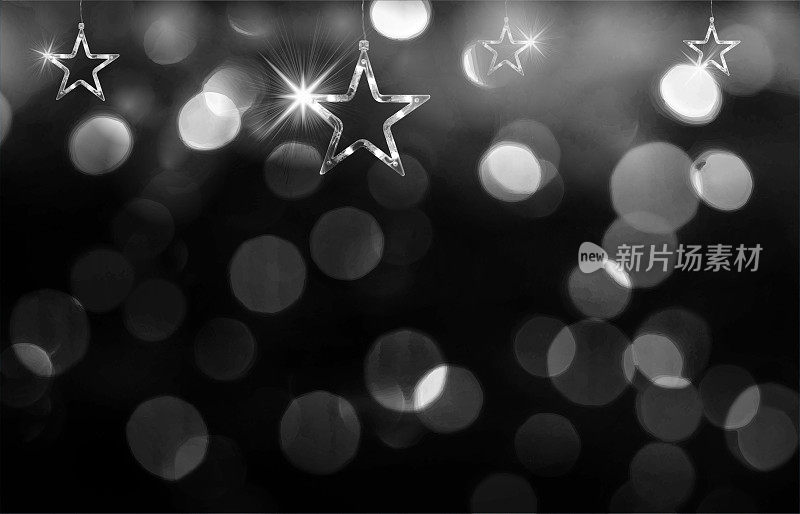 闪亮闪亮的水平灰度矢量背景在明亮的梯度黑灰白色与气泡或镜头光晕都像散景灯排灯节，圣诞节和新年的庆祝活动与照亮的星星在串灯