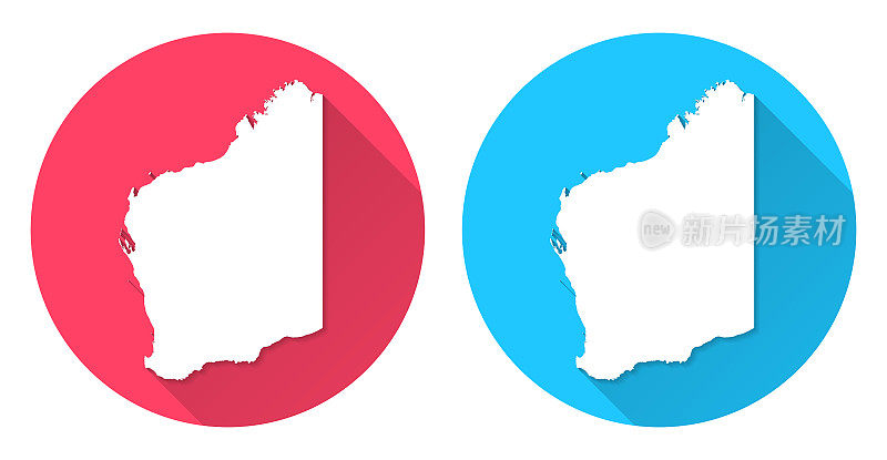 西澳大利亚地图。圆形图标与长阴影在红色或蓝色的背景