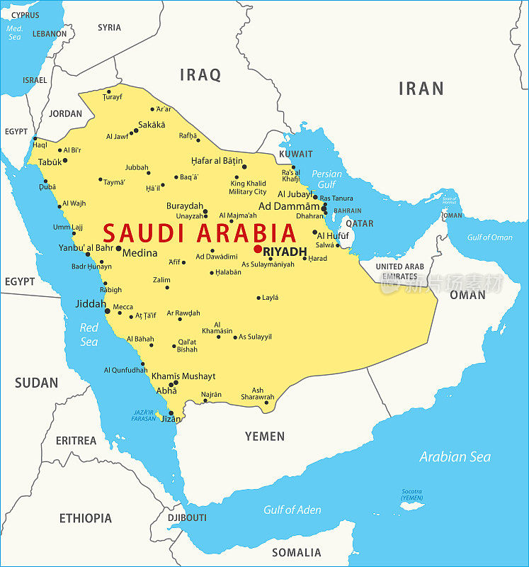 沙特阿拉伯地图。沙特阿拉伯矢量彩色地图