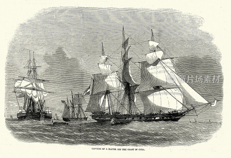 19世纪，19世纪50年代，英国皇家海军的“冥河”号和“贾斯珀”号在古巴海岸外捕获奴隶船“艾米利亚”号。
