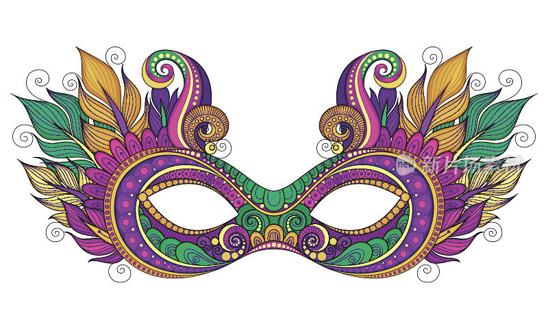 矢量华丽的彩色狂欢节面具装饰羽毛