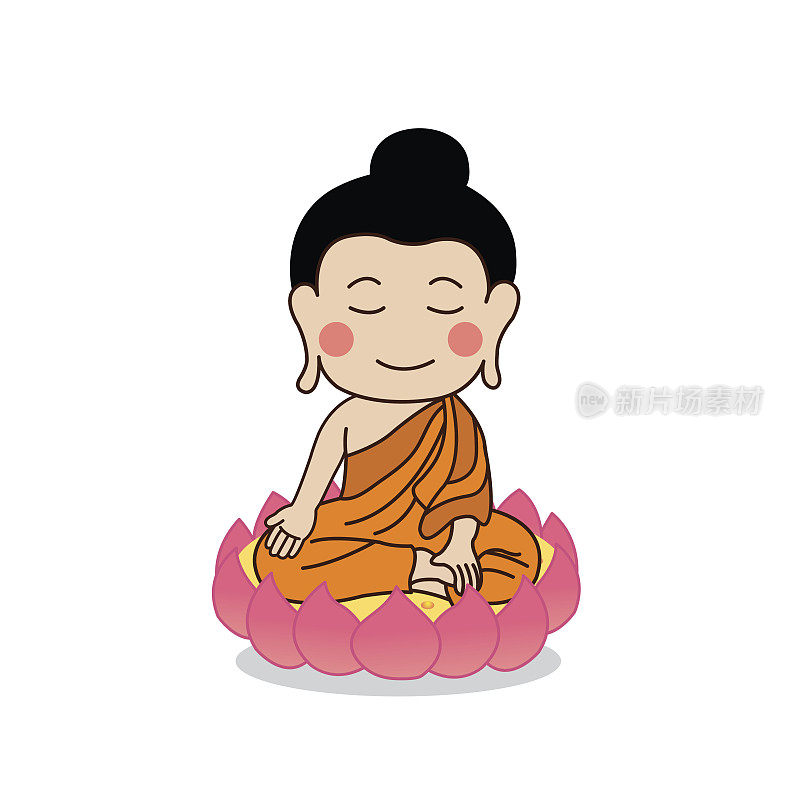 佛陀坐在莲花上，手放在右膝上。
