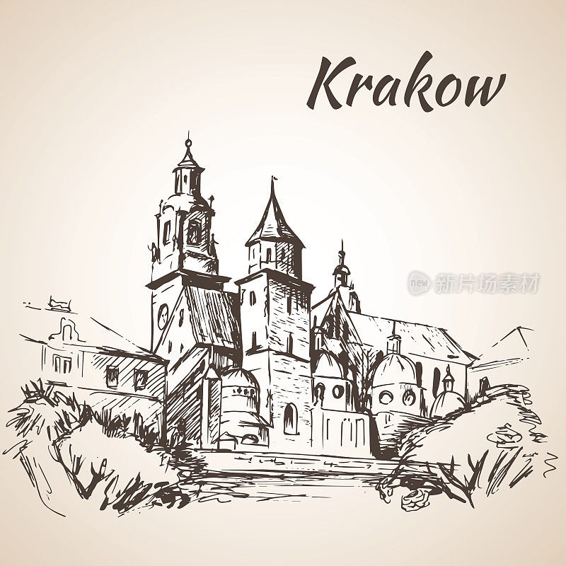 瓦维尔大教堂-克拉科夫，波兰。草图。在白色背景上隔离