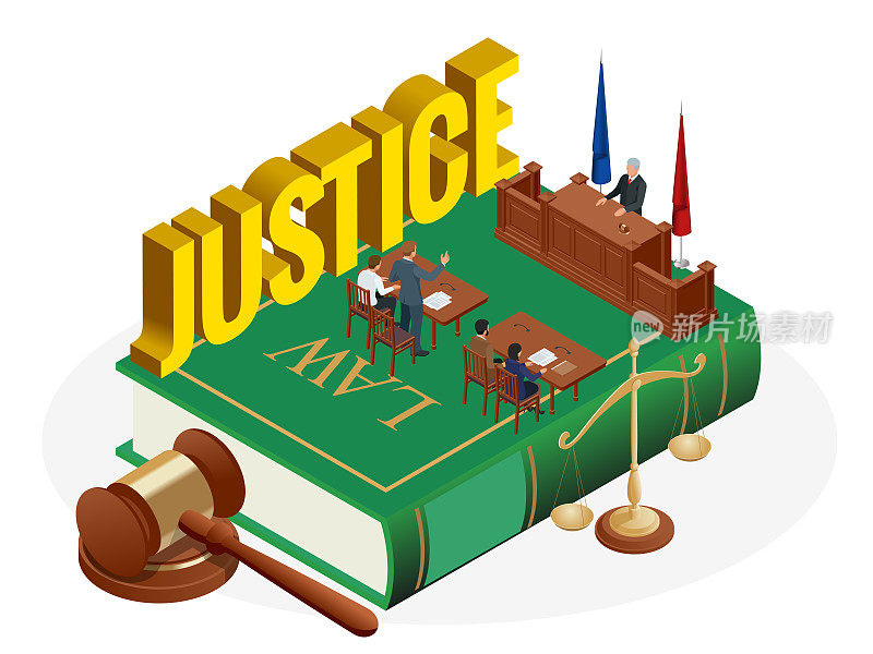 等距法与正义概念。法律主题，法官的木槌，正义的天平，书籍，正义的雕像矢量插图。