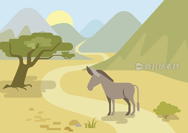 在山区的野驴栖息地平面设计卡通矢量农场野生动物。平动物园自然儿童收藏。