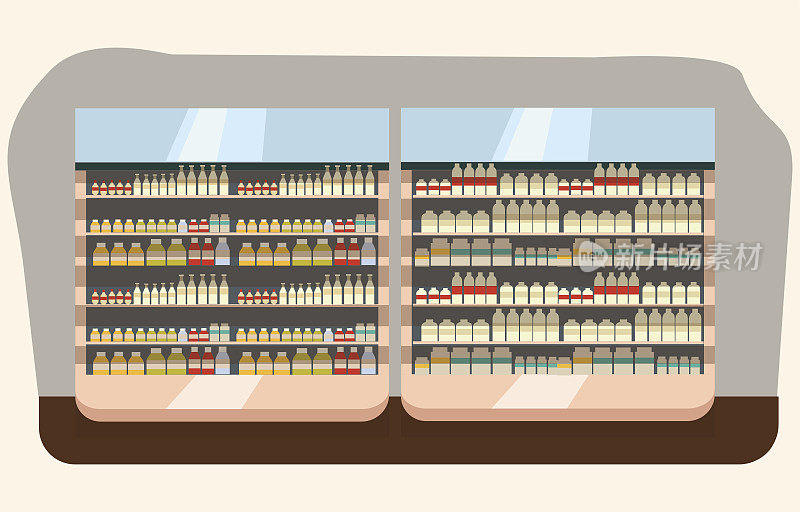 乳品部、超市牛奶货架用新鲜健康食品，大选择有机农产品在食品店内部销售，店内用酸奶和奶酪矢量插图