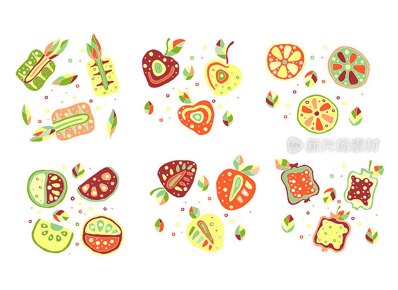 一组向量手绘幼稚的果实。可爱天真的菠萝，樱桃，浆果，草莓，石榴，西瓜，酸橙，柠檬，橙子带叶子，种子，滴。涂鸦、素描、卡通风格。