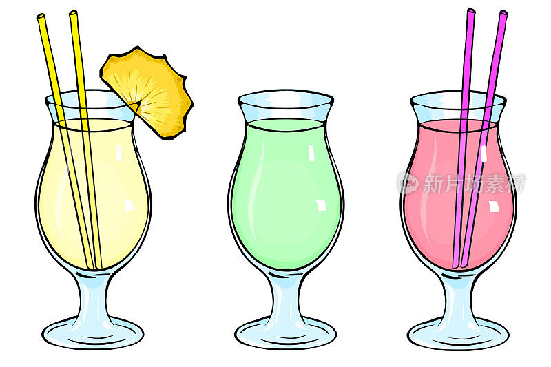 鸡尾酒:菠萝朗姆酒，绿色冰沙，浆果冰沙。一杯鸡尾酒杯。一片菠萝，一根吸管。