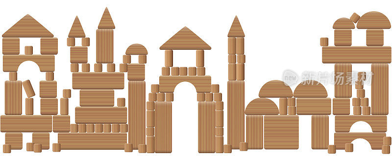 由木块组成的玩具城-虚构的天际线风景和童话般的建筑，由许多不同的天然木材元素建造-一个典型的童年休闲游戏。矢量在白色背景。