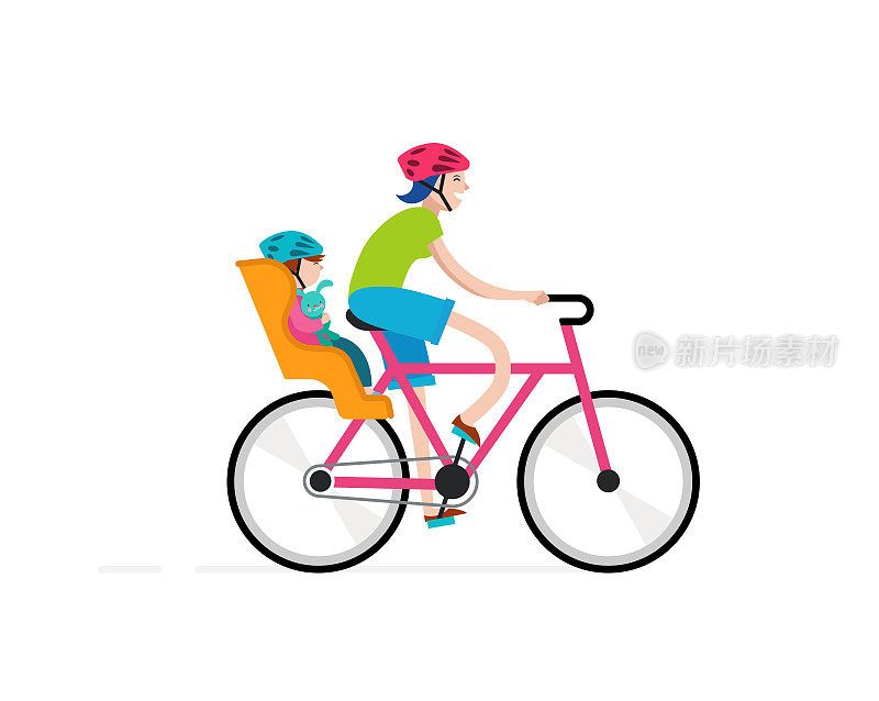 妈妈带着宝宝骑着自行车，一家人活跃着度假