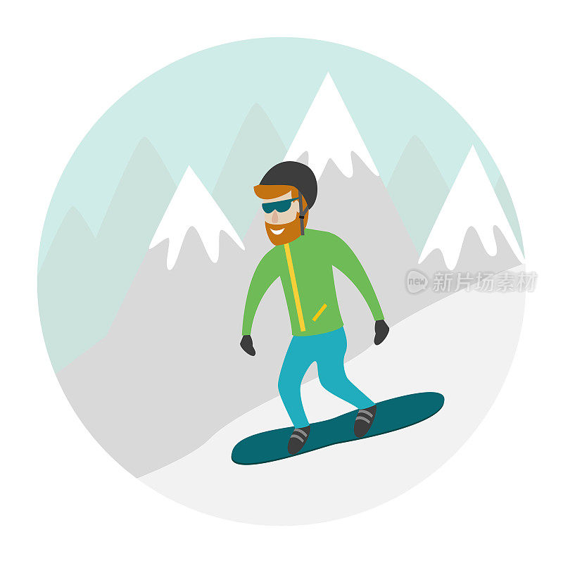 滑雪胜地插图与滑雪板和山。