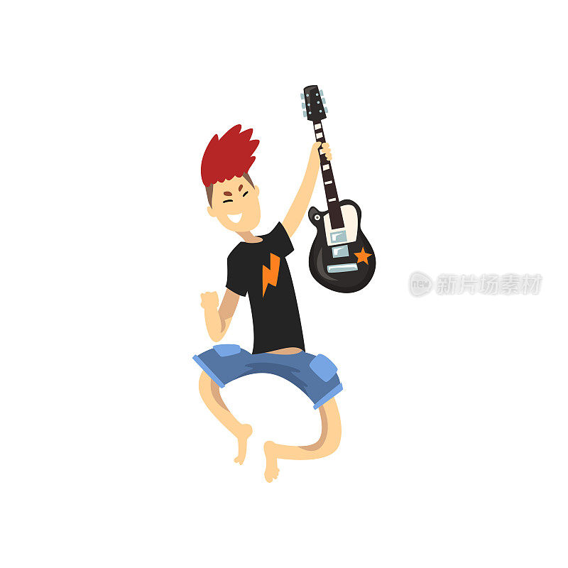 摇滚乐队的年轻吉他手在跳跃动作。一个头发很乱，穿着蓝色短裤和黑色t恤的人。卡通儿童角色与电吉他。平面向量的设计