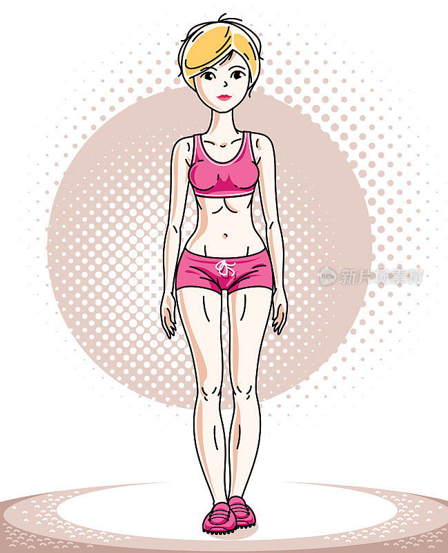 迷人的年轻金发女运动员成年站立。矢量插图的女士穿着粉红色的短裤。运动风格。