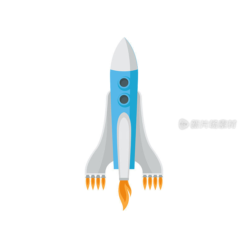 白色背景上孤立的大型太空火箭。有九个引擎的飞船着火了。宇宙飞船飞行。平面向量的设计