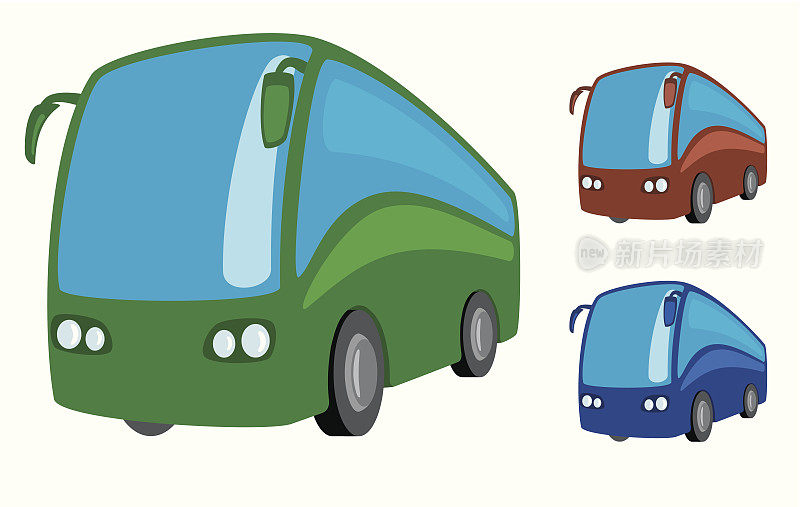 三辆不同颜色的旅游巴士的卡通