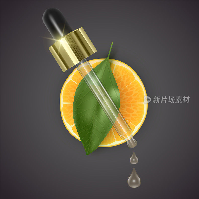 移液管与橙油的背景片橙和绿叶，现实的移液管与香精油